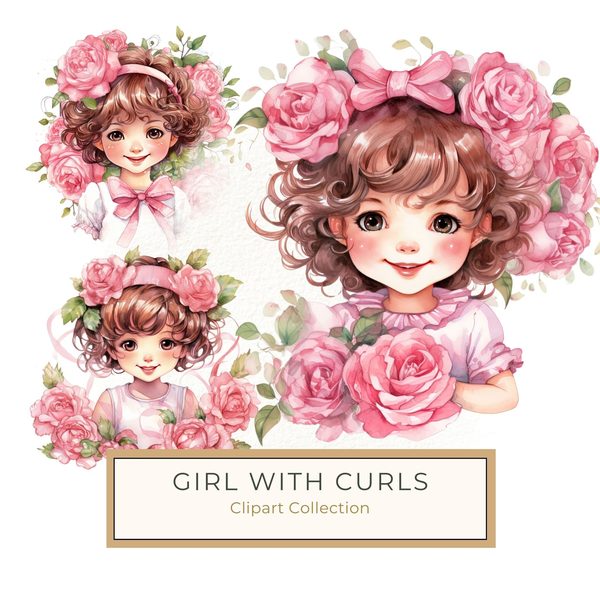 Chibi Girl Clipart: Kawaii Curly Hair, Pink Roses (PNG JPG, Commercial Use)