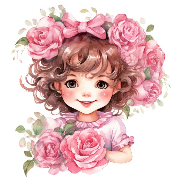 Chibi Girl Clipart: Kawaii Curly Hair, Pink Roses (PNG JPG, Commercial Use) — image 1