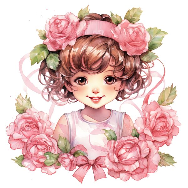 Chibi Girl Clipart: Kawaii Curly Hair, Pink Roses (PNG JPG, Commercial Use) — image 2