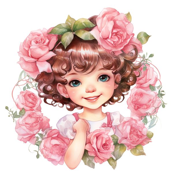 Chibi Girl Clipart: Kawaii Curly Hair, Pink Roses (PNG JPG, Commercial Use) — image 3