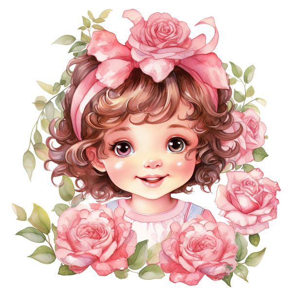 Chibi Girl Clipart: Kawaii Curly Hair, Pink Roses (PNG JPG, Commercial Use) — image 4