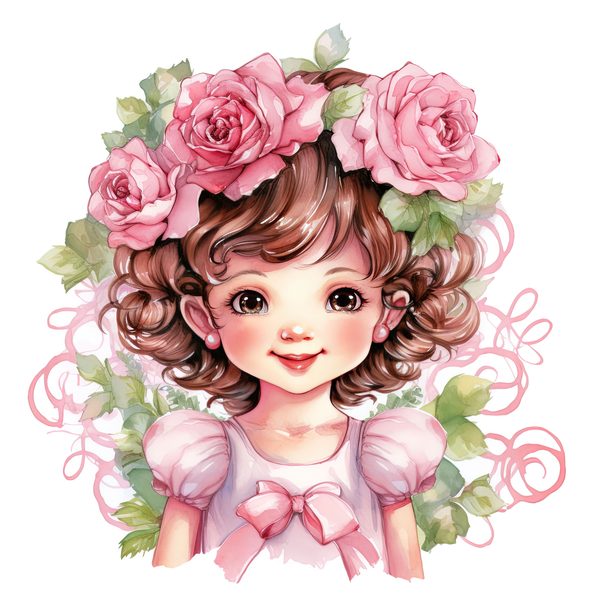 Chibi Girl Clipart: Kawaii Curly Hair, Pink Roses (PNG JPG, Commercial Use) — image 5