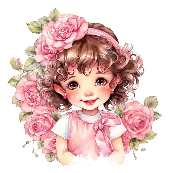 Chibi Girl Clipart: Kawaii Curly Hair, Pink Roses (PNG JPG, Commercial Use) — image 6