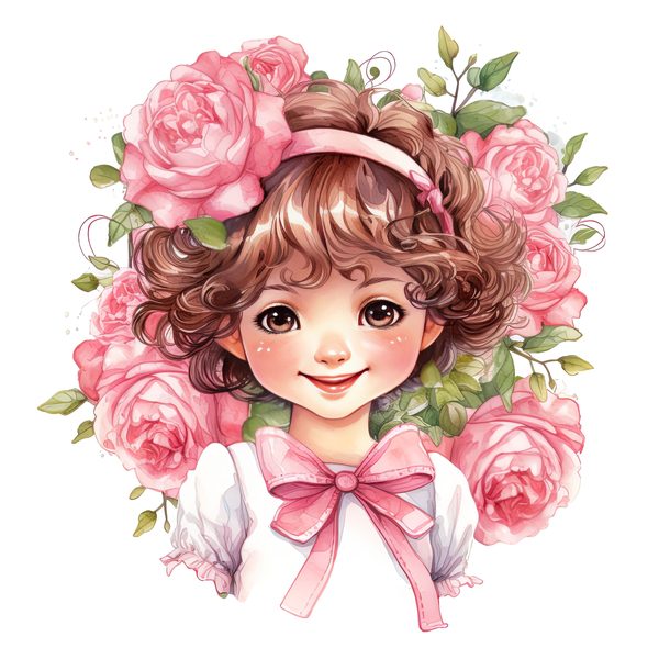 Chibi Girl Clipart: Kawaii Curly Hair, Pink Roses (PNG JPG, Commercial Use) — image 7