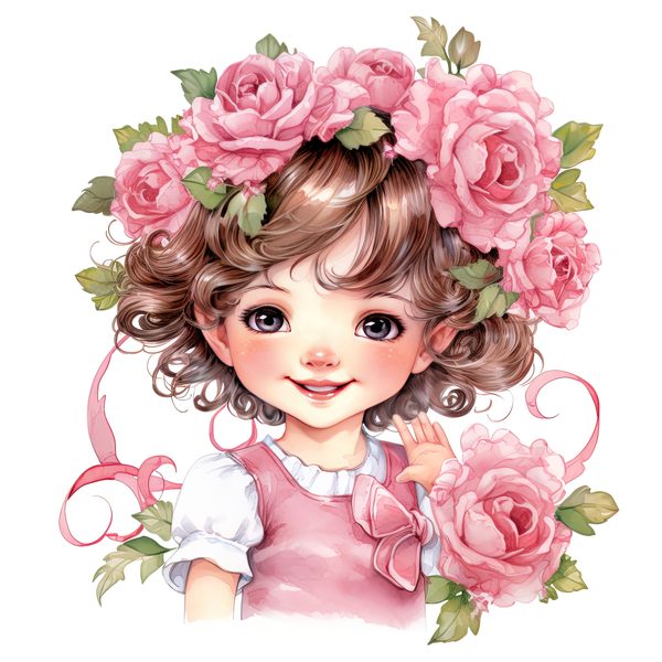 Chibi Girl Clipart: Kawaii Curly Hair, Pink Roses (PNG JPG, Commercial Use) — image 8