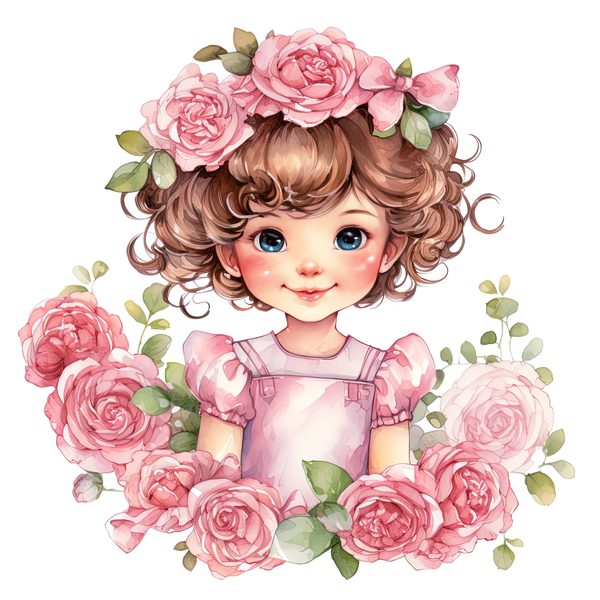 Chibi Girl Clipart: Kawaii Curly Hair, Pink Roses (PNG JPG, Commercial Use) — image 9