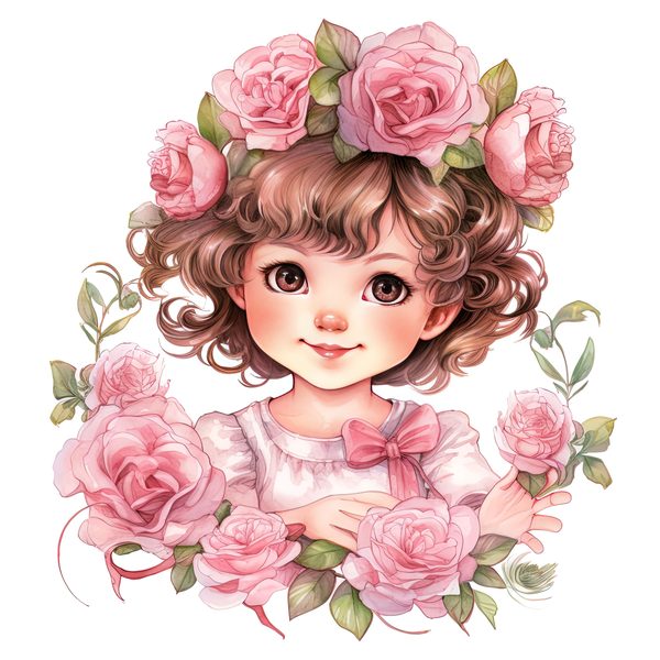 Chibi Girl Clipart: Kawaii Curly Hair, Pink Roses (PNG JPG, Commercial Use) — image 10