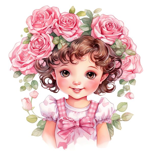 Chibi Girl Clipart: Kawaii Curly Hair, Pink Roses (PNG JPG, Commercial Use) — image 11
