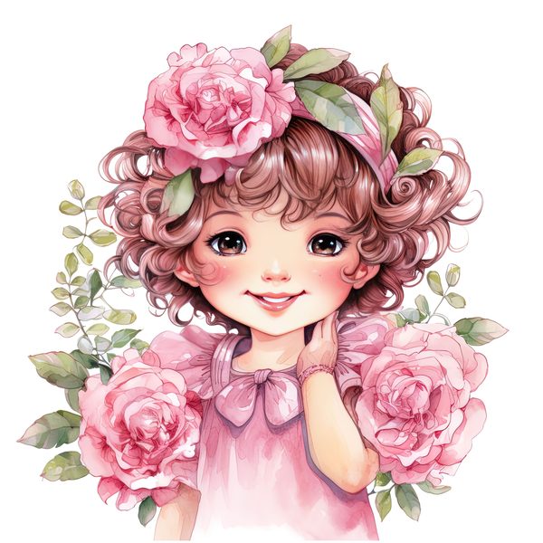 Chibi Girl Clipart: Kawaii Curly Hair, Pink Roses (PNG JPG, Commercial Use) — image 12