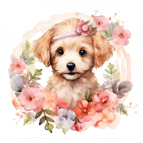 Watercolor Poodle Puppy Clipart: Floral Dog PNG (Commercial Use) — image 1