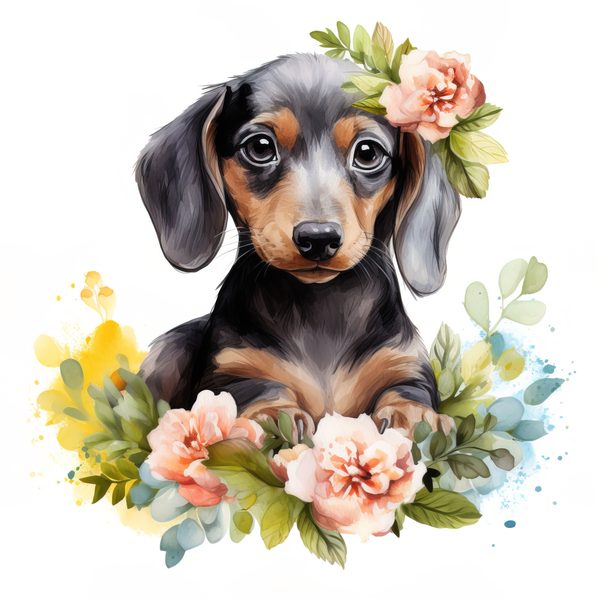 Watercolor Dachshund Puppy Clipart: Floral Wreath PNG JPG (Commercial Use) — image 1