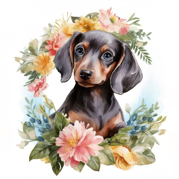 Watercolor Dachshund Puppy Clipart: Floral Wreath PNG JPG (Commercial Use) — image 2