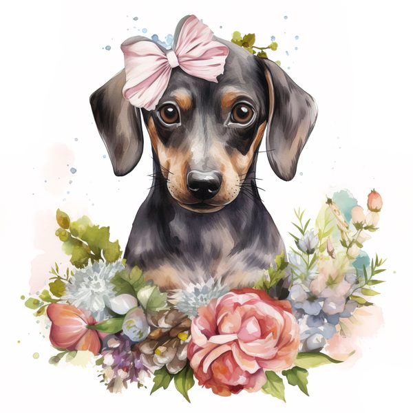Watercolor Dachshund Puppy Clipart: Floral Wreath PNG JPG (Commercial Use) — image 3