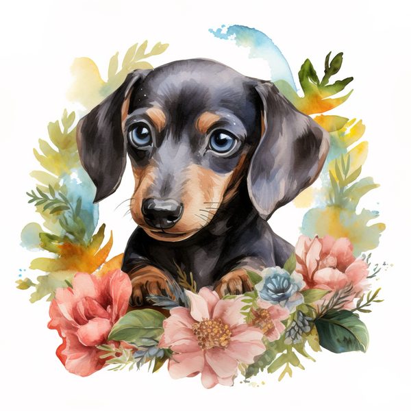 Watercolor Dachshund Puppy Clipart: Floral Wreath PNG JPG (Commercial Use) — image 4