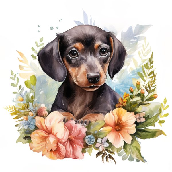 Watercolor Dachshund Puppy Clipart: Floral Wreath PNG JPG (Commercial Use) — image 5