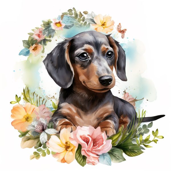 Watercolor Dachshund Puppy Clipart: Floral Wreath PNG JPG (Commercial Use) — image 6
