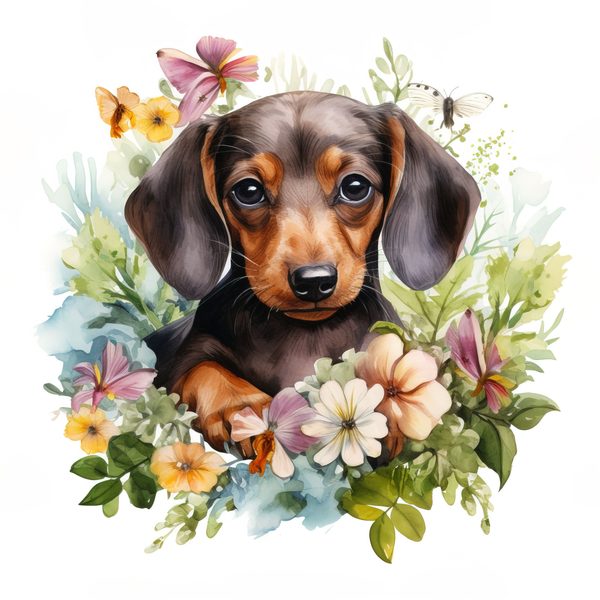 Watercolor Dachshund Puppy Clipart: Floral Wreath PNG JPG (Commercial Use) — image 7