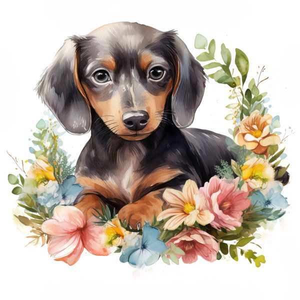 Watercolor Dachshund Puppy Clipart: Floral Wreath PNG JPG (Commercial Use) — image 8