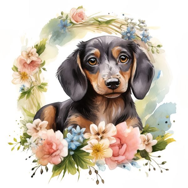 Watercolor Dachshund Puppy Clipart: Floral Wreath PNG JPG (Commercial Use) — image 9