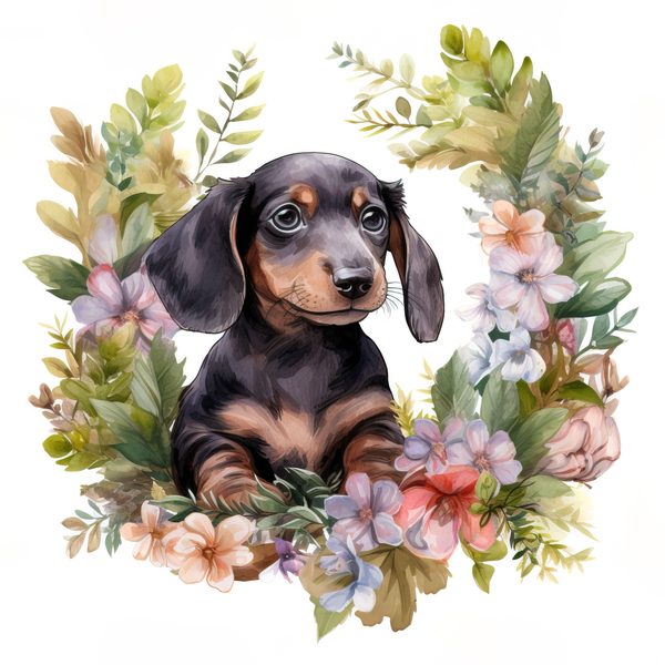 Watercolor Dachshund Puppy Clipart: Floral Wreath PNG JPG (Commercial Use) — image 10