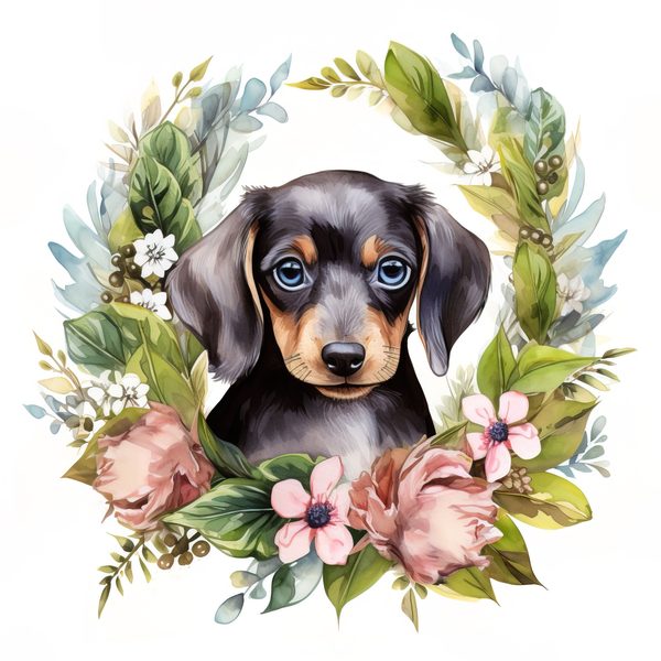 Watercolor Dachshund Puppy Clipart: Floral Wreath PNG JPG (Commercial Use) — image 11