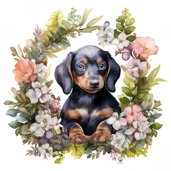 Watercolor Dachshund Puppy Clipart: Floral Wreath PNG JPG (Commercial Use) — image 12