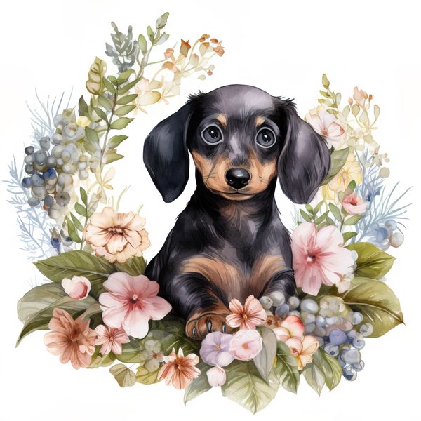 Watercolor Dachshund Puppy Clipart: Floral Wreath PNG JPG (Commercial Use) — image 13