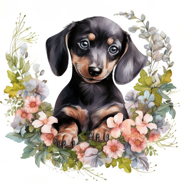 Watercolor Dachshund Puppy Clipart: Floral Wreath PNG JPG (Commercial Use) — image 14