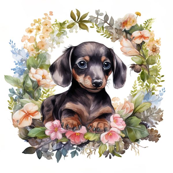 Watercolor Dachshund Puppy Clipart: Floral Wreath PNG JPG (Commercial Use) — image 15