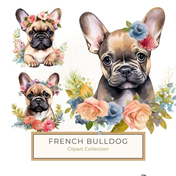 Watercolor French Bulldog Puppy Clipart: Floral Wreath (300 DPI JPG PNG)