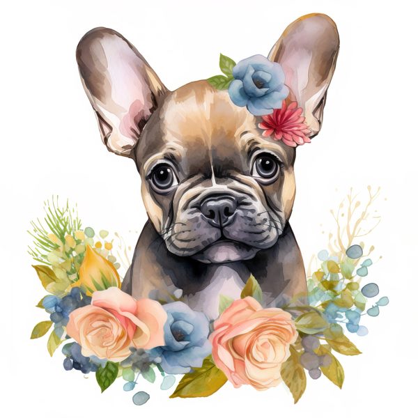 Watercolor French Bulldog Puppy Clipart: Floral Wreath (300 DPI JPG PNG) — image 1