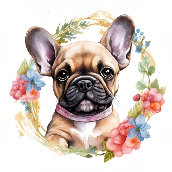 Watercolor French Bulldog Puppy Clipart: Floral Wreath (300 DPI JPG PNG) — image 2