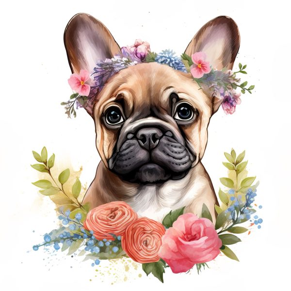 Watercolor French Bulldog Puppy Clipart: Floral Wreath (300 DPI JPG PNG) — image 3