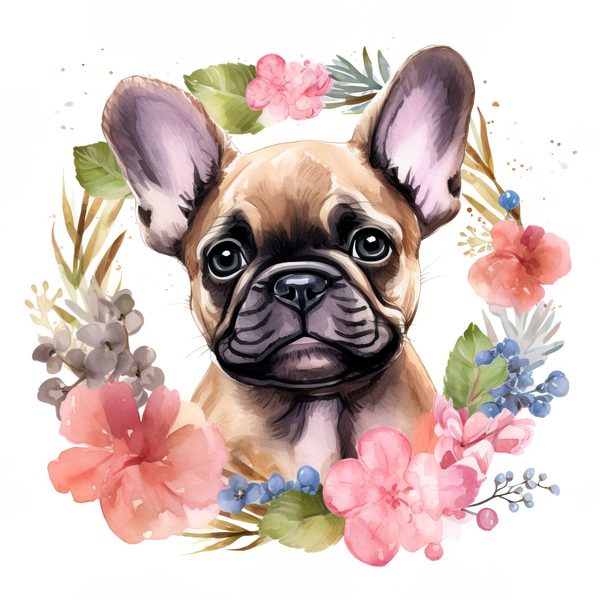 Watercolor French Bulldog Puppy Clipart: Floral Wreath (300 DPI JPG PNG) — image 4