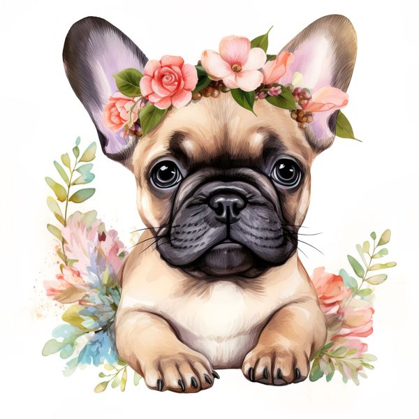 Watercolor French Bulldog Puppy Clipart: Floral Wreath (300 DPI JPG PNG) — image 5