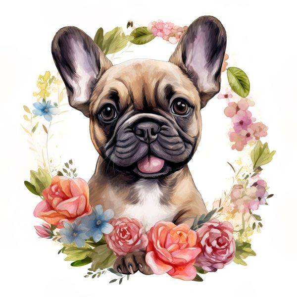 Watercolor French Bulldog Puppy Clipart: Floral Wreath (300 DPI JPG PNG) — image 6