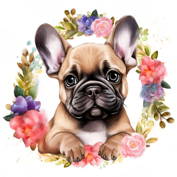 Watercolor French Bulldog Puppy Clipart: Floral Wreath (300 DPI JPG PNG) — image 7