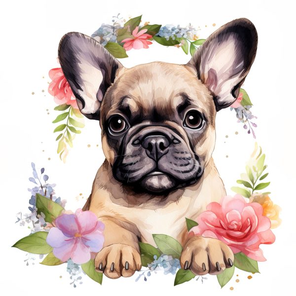 Watercolor French Bulldog Puppy Clipart: Floral Wreath (300 DPI JPG PNG) — image 8
