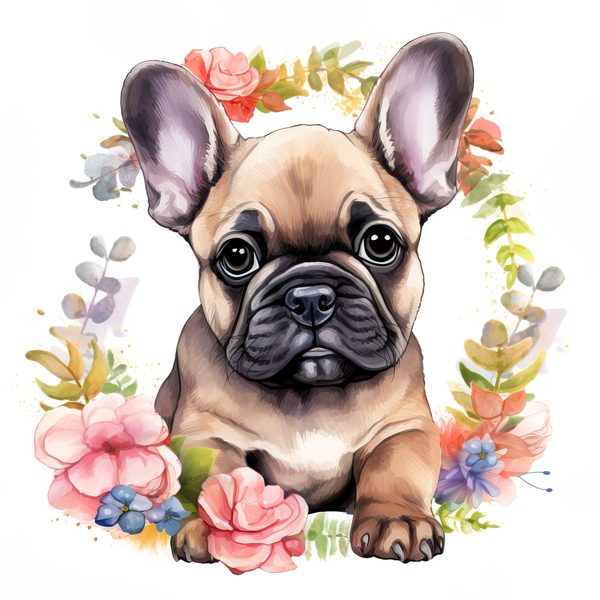Watercolor French Bulldog Puppy Clipart: Floral Wreath (300 DPI JPG PNG) — image 9