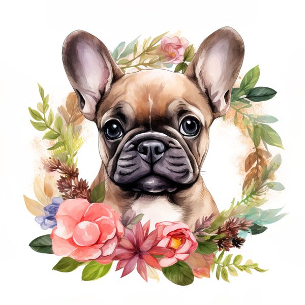 Watercolor French Bulldog Puppy Clipart: Floral Wreath (300 DPI JPG PNG) — image 10
