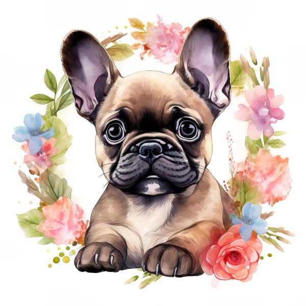 Watercolor French Bulldog Puppy Clipart: Floral Wreath (300 DPI JPG PNG) — image 11