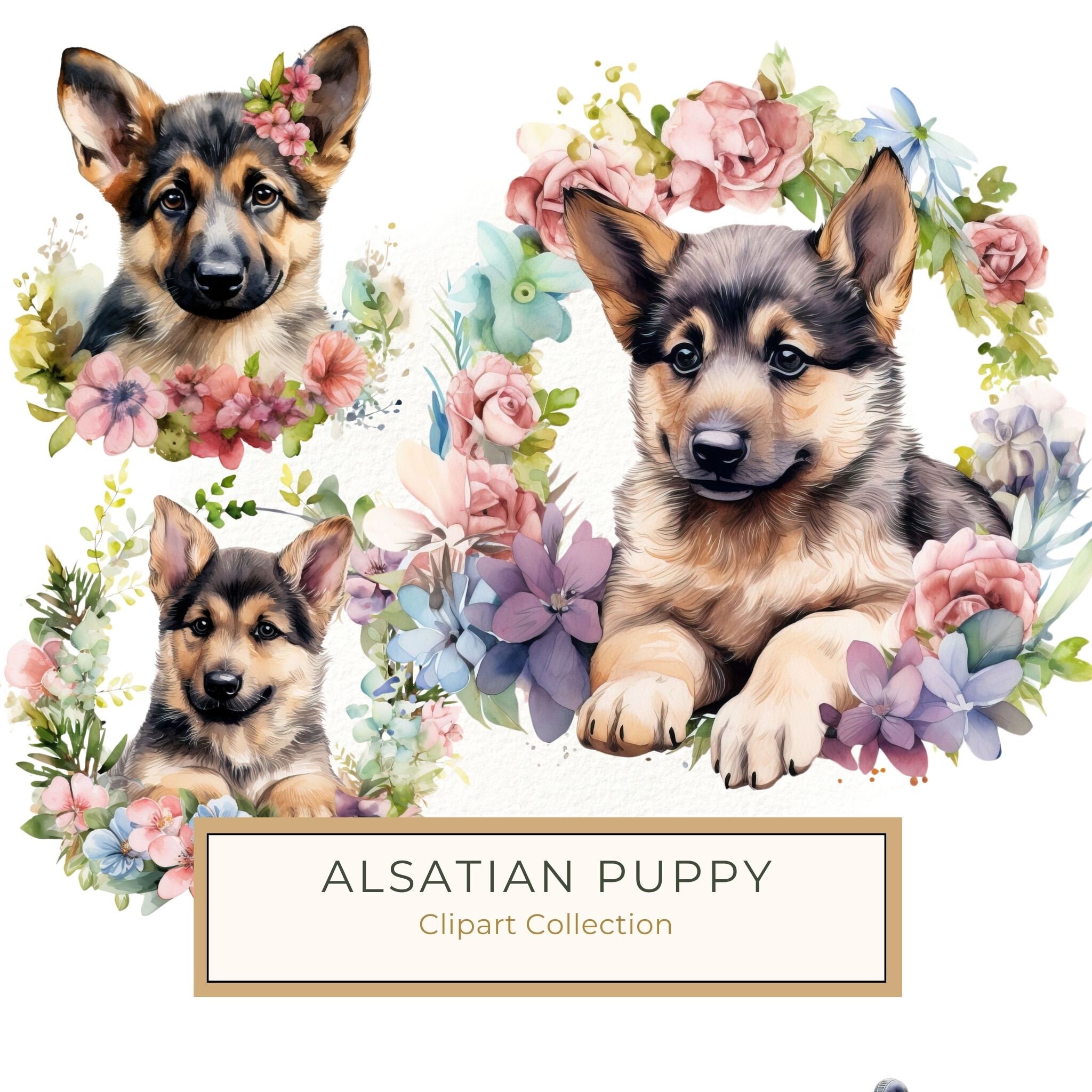 Watercolor German Shepherd Puppy Clipart: Floral Wreath (PNG JPG, 300 DPI)