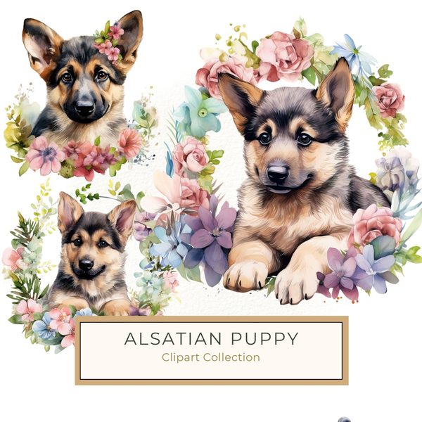 Watercolor German Shepherd Puppy Clipart: Floral Wreath (PNG JPG, 300 DPI)