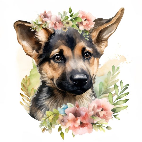 Watercolor German Shepherd Puppy Clipart: Floral Wreath (PNG JPG, 300 DPI) — image 1
