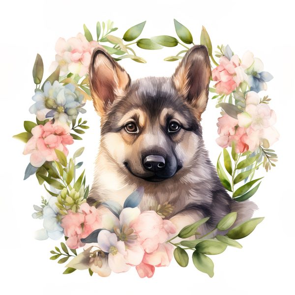 Watercolor German Shepherd Puppy Clipart: Floral Wreath (PNG JPG, 300 DPI) — image 2