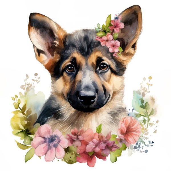 Watercolor German Shepherd Puppy Clipart: Floral Wreath (PNG JPG, 300 DPI) — image 3
