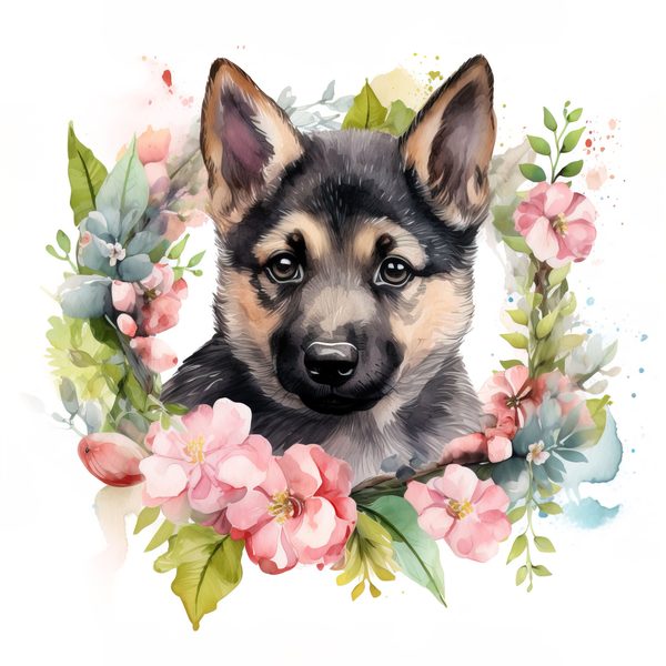 Watercolor German Shepherd Puppy Clipart: Floral Wreath (PNG JPG, 300 DPI) — image 4