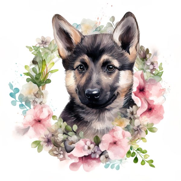 Watercolor German Shepherd Puppy Clipart: Floral Wreath (PNG JPG, 300 DPI) — image 5