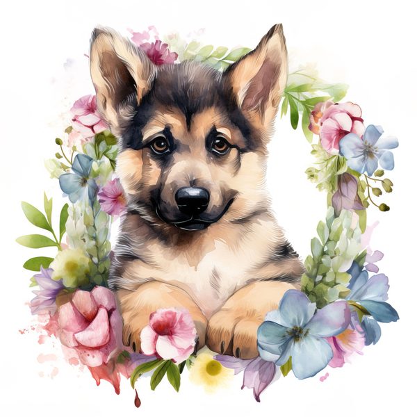 Watercolor German Shepherd Puppy Clipart: Floral Wreath (PNG JPG, 300 DPI) — image 6