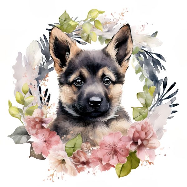 Watercolor German Shepherd Puppy Clipart: Floral Wreath (PNG JPG, 300 DPI) — image 7